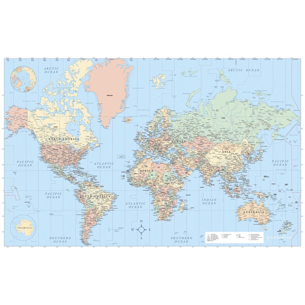Advantus Laminated World Wall Map - 50" Width x 32" Height - Assorted - Laminated. Picture 1