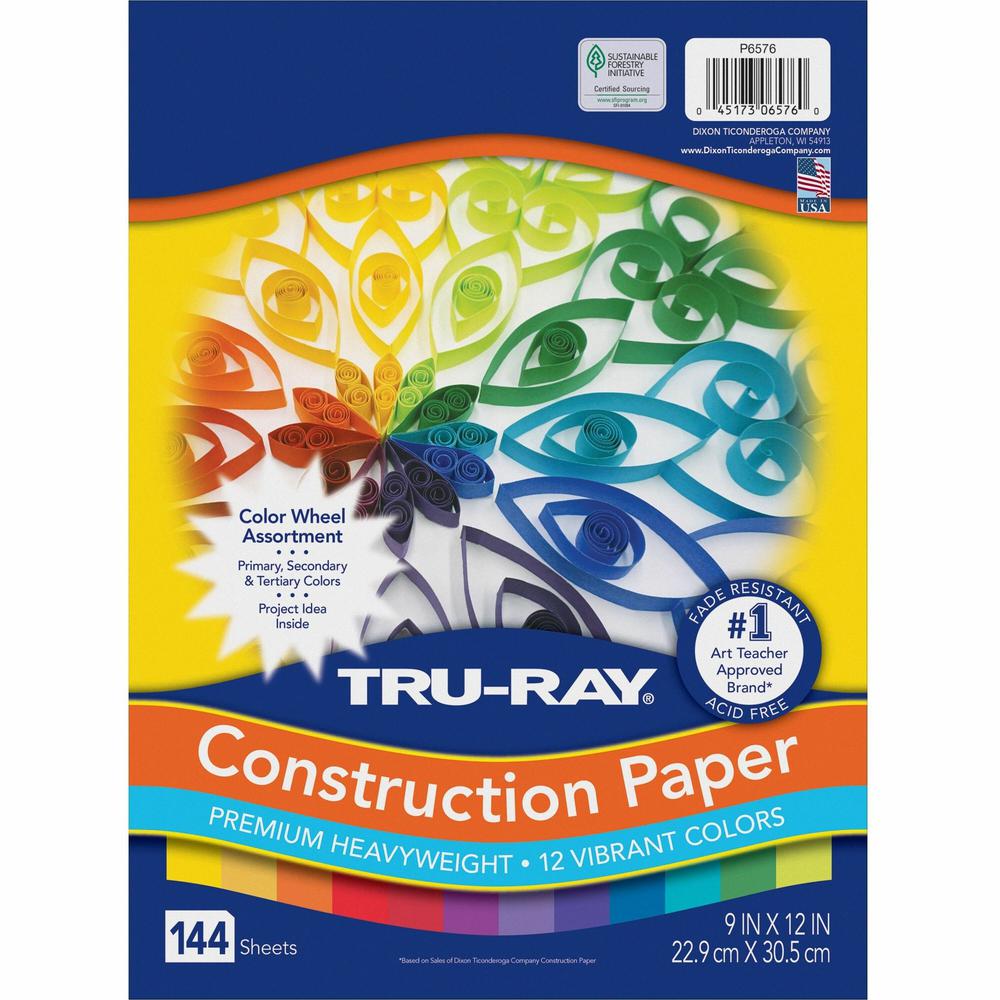 Tru-Ray Color Wheel Construction Paper - Project - 144 Piece(s) - 12"Height x 9"Width x 1"Length - 144 / Pack - Yellow, Gold, Orange, Festive Red, Holiday Red, Magenta, Violet, Purple, Blue, Turquoise. Picture 1