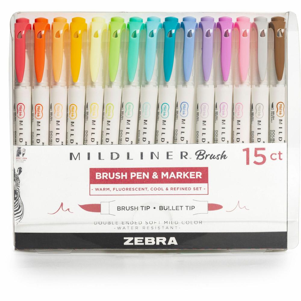 Zebra Pen Mildliner Double Ended Brush Pens - Medium Pen Point - Fine Marker Point - Brush Pen Point Style - Bullet Marker Point Style - Assorted Pigment-based Ink - White Barrel - 15 / Pack. The main picture.