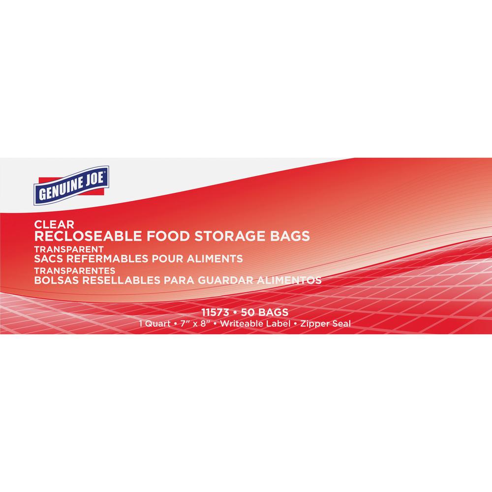 Genuine Joe Food Storage Bags - 1 quart Capacity - 7" Width x 8" Length - 1.75 mil (44 Micron) Thickness - Clear - 9/Carton - 50 Per Box - Food, Beef, Seafood, Poultry, Vegetables. Picture 1