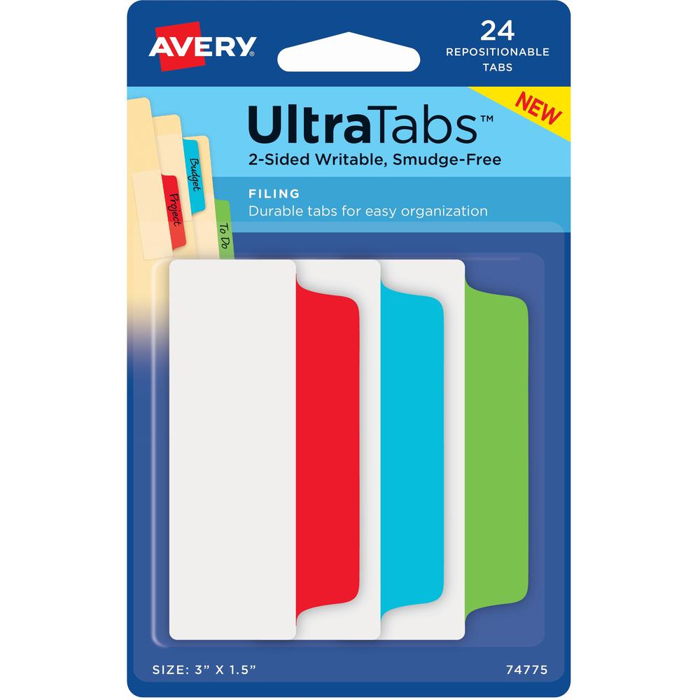 Avery&reg; Ultra Tabs File Tab - 24 Tab(s) - 1.50" Tab Height x 3" Tab Width - Red Film, Clear Paper, Blue, Green Tab(s) - 8. Picture 1