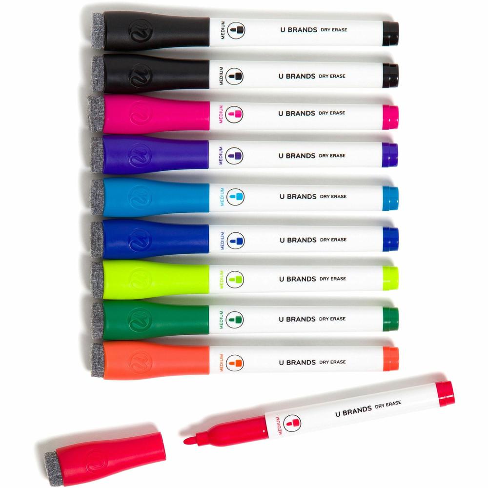 U Brands Dry Erase Marker - Medium Marker Point - Tapered Marker Point Style - Black, Blue, Light Blue, Purple, Pink, Red, Light Green, Dark Green, Orange - White Plastic Barrel - 10 / Pack. Picture 1
