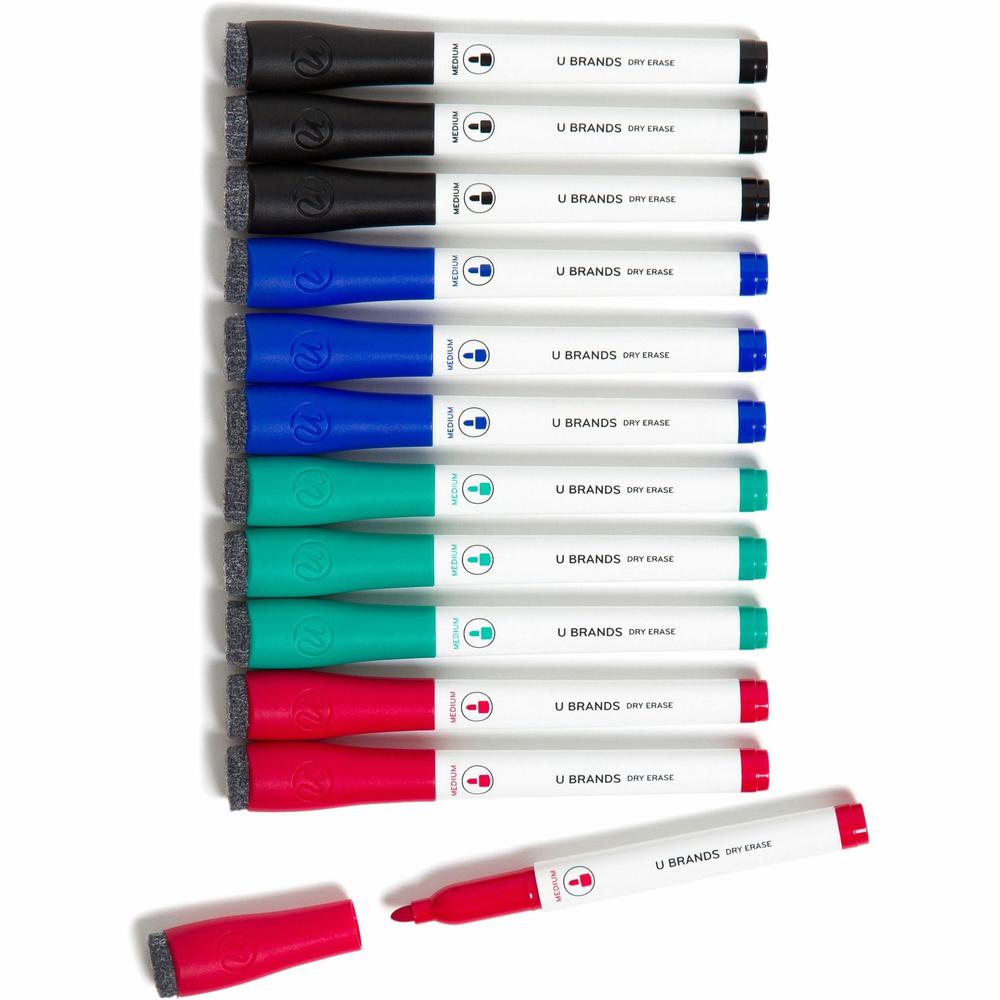 U Brands Low-Odor Dry-Erase Markers with Erasers - Medium Marker Point - Tapered Marker Point Style - Assorted - White Plastic Barrel. Picture 1