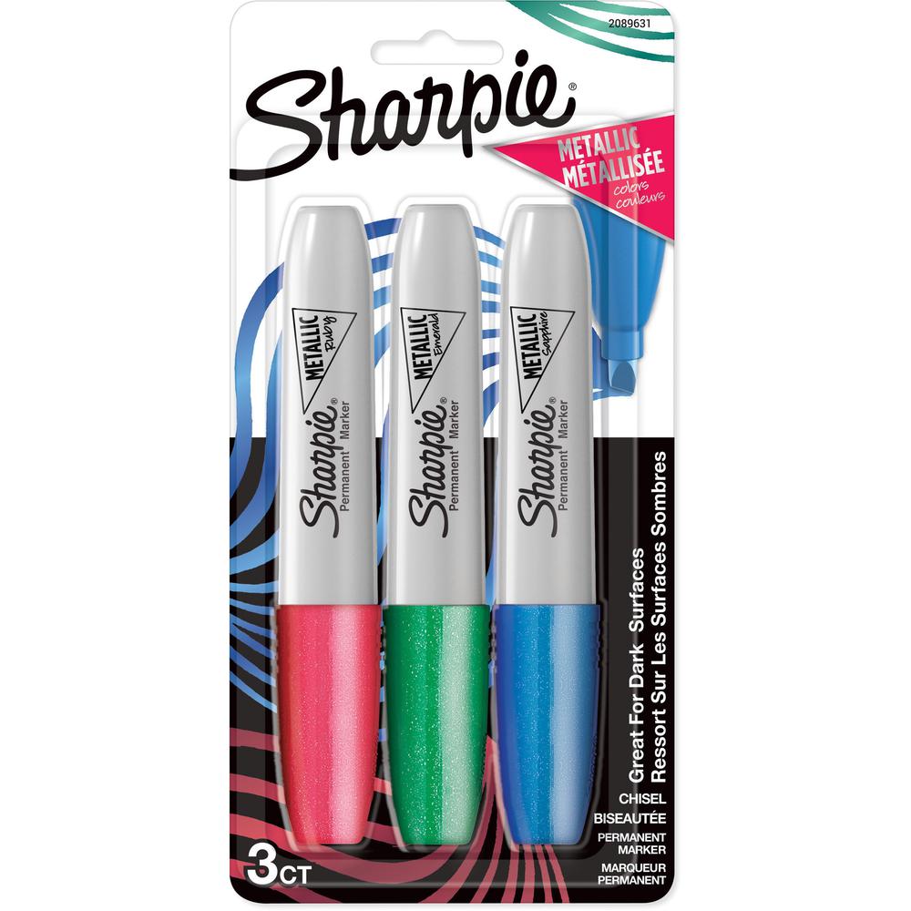 Sharpie Metallic Ink Chisel Tip Permanent Markers - Chisel Marker Point Style - Multi - 3 / Pack. Picture 1