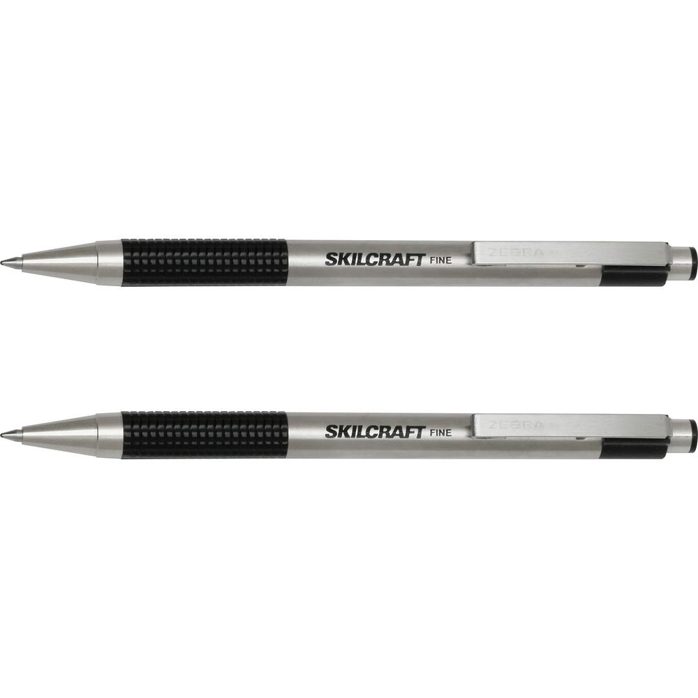 SKILCRAFT Retractable Ballpoint Pen - TAA Compliant - Fine Pen Point - 0.7 mm Pen Point Size - Conical Pen Point Style - Retractable - Black Oil Based Ink - Black Stainless Steel Barrel - 2 / Pack. The main picture.