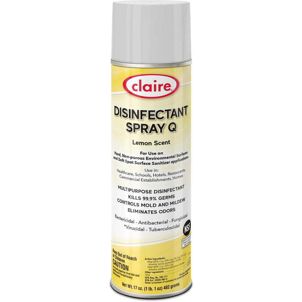 Claire Multipurpose Disinfectant Spray - Ready-To-Use Spray - 17 fl oz (0.5 quart) - Lemon Scent - 12 / Carton - Yellow. Picture 1