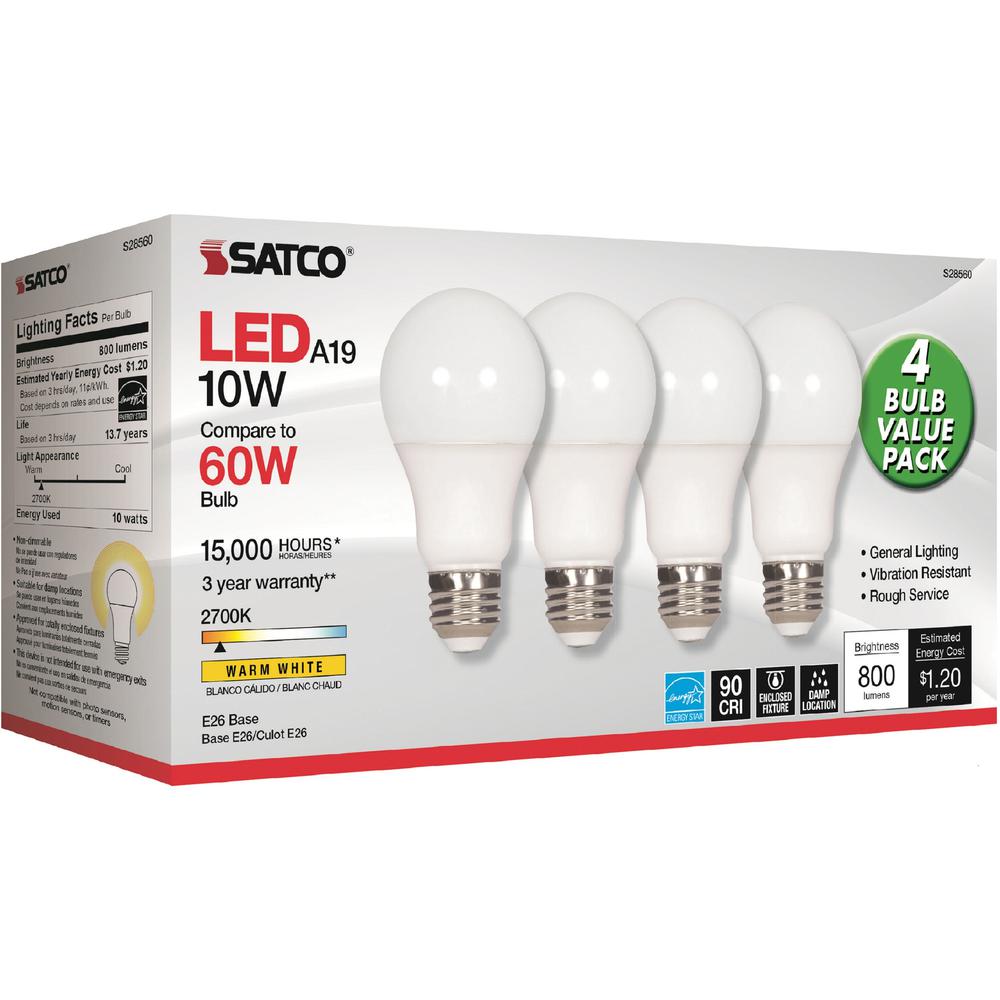 Satco 10W A19 LED 2700K Frosted Bulbs - 10 W - 60 W Incandescent Equivalent Wattage - 120 V AC - 800 lm - A19 Size - Warm White Light Color - E26 Base - 15000 Hour - 4400.3&deg;F (2426.8&deg;C) Color . Picture 1