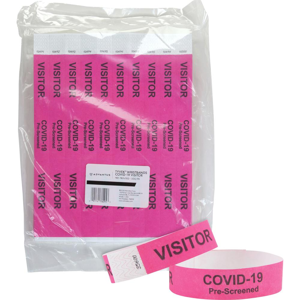 Advantus COVID Prescreened Visitor Wristbands - 3/4" Width x 10" Length - Rectangle - Pink - Tyvek - 500 / Pack. Picture 1