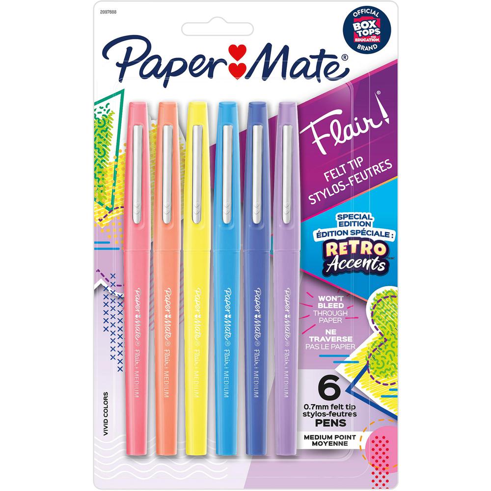 Paper Mate Flair Medium Point Pens - Medium Pen Point - Yellow, Sky Blue, Lilac, Blueberry Bubble Gum, Papaya, Guava Water Based Ink - 6 / Pack. Picture 1