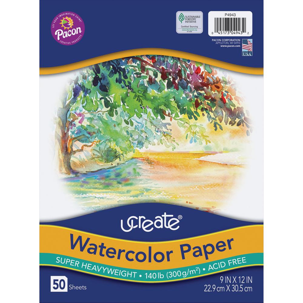 UCreate Watercolor Paper - 140 lb Basis Weight - 9" x 12" - White Paper - Acid-free, Recyclable - 50 / Pack. Picture 1