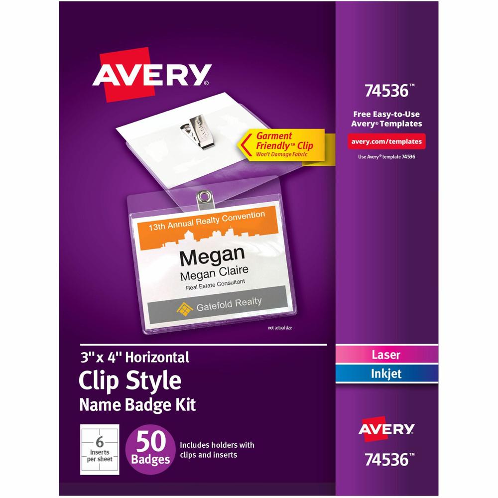 Avery&reg; Clip Style Name Badges, 3" x 4" , 50 Badges (74536) - Support 3" x 4" Media - Landscape - Plastic - 50 - Clear, White. The main picture.