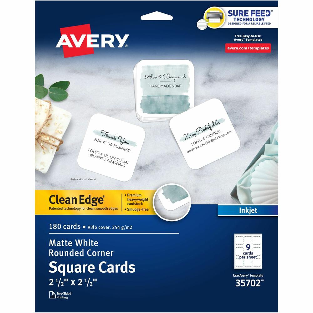 Avery&reg; Clean Edge Square Cards, Rounded Corners, 2.5" x 2.5" (35702) - 110 Brightness - 8 1/2" x 11" - 93 lb Basis Weight - 254 g/m&#178; Grammage - Matte - 180 / Pack - Printable, Rounded Corner,. Picture 1
