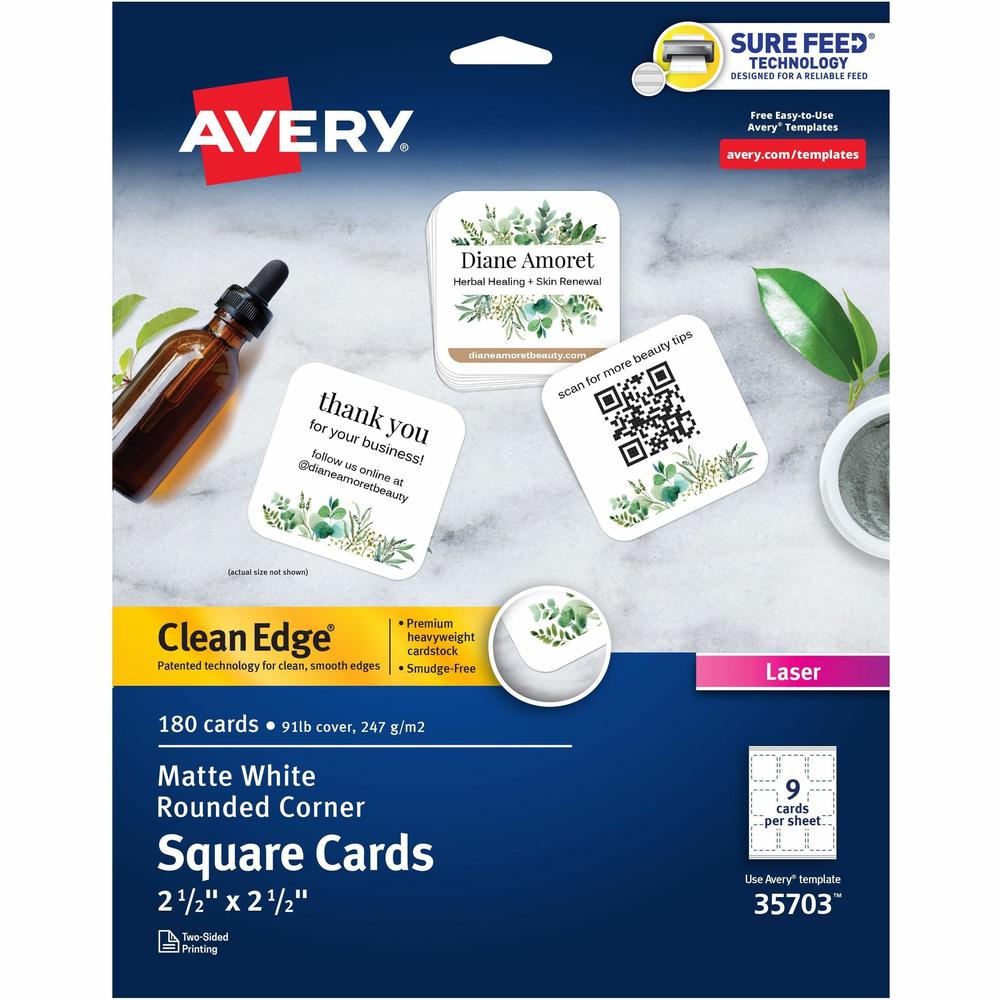 Avery&reg; Clean Edge Square Cards, Rounded Corners, 2.5" x 2.5" (35703) - 145 Brightness - 2 1/2" x 2 1/2" - 90 lb Basis Weight - 247 g/m&#178; Grammage - Matte - 180 / Pack - Printable, Rounded Corn. Picture 1