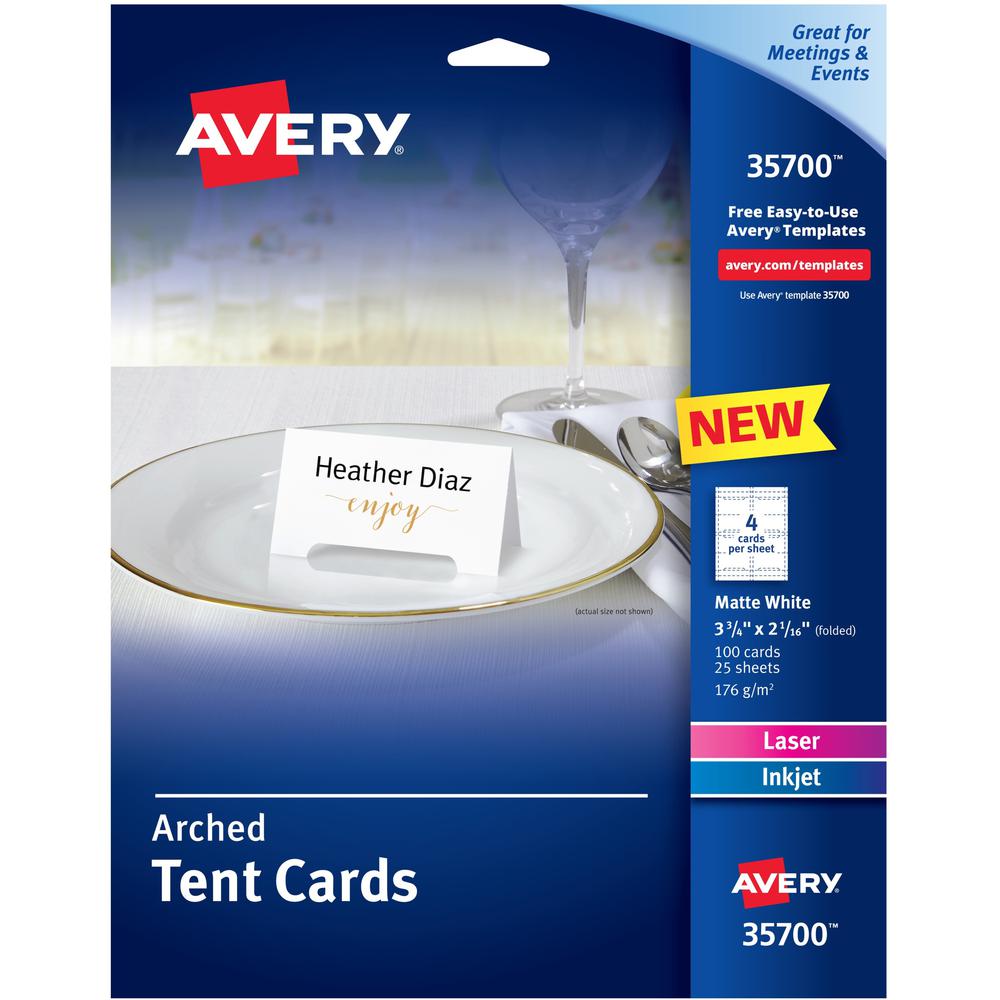 Avery&reg; Sure Feed Arched Tent Cards - 97 Brightness - 3 3/4" x 2 1/16" - 65 lb Basis Weight - 176 g/m&#178; Grammage - Matte - 5 / Pack - Printable, Scratch Proof, Die-cut, Perforated, Print-to-the. Picture 1