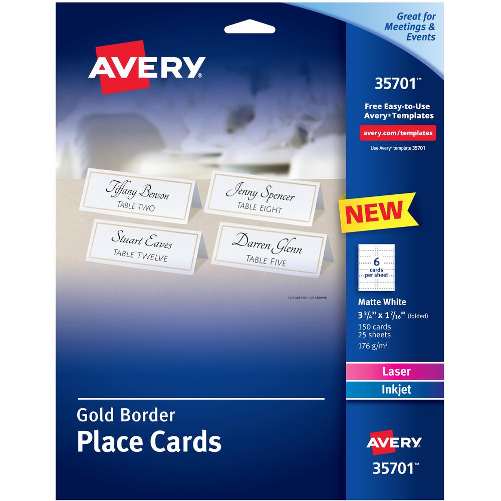 Avery&reg; Place Cards With Gold Border 1-7/16" x 3-3/4" , 65 lbs. 150 Cards - 97 Brightness - 3 3/4" x 1 7/16" - 65 lb Basis Weight - 176 g/m&#178; Grammage - Matte - 5 / Pack - Perforated, Print-to-. Picture 1