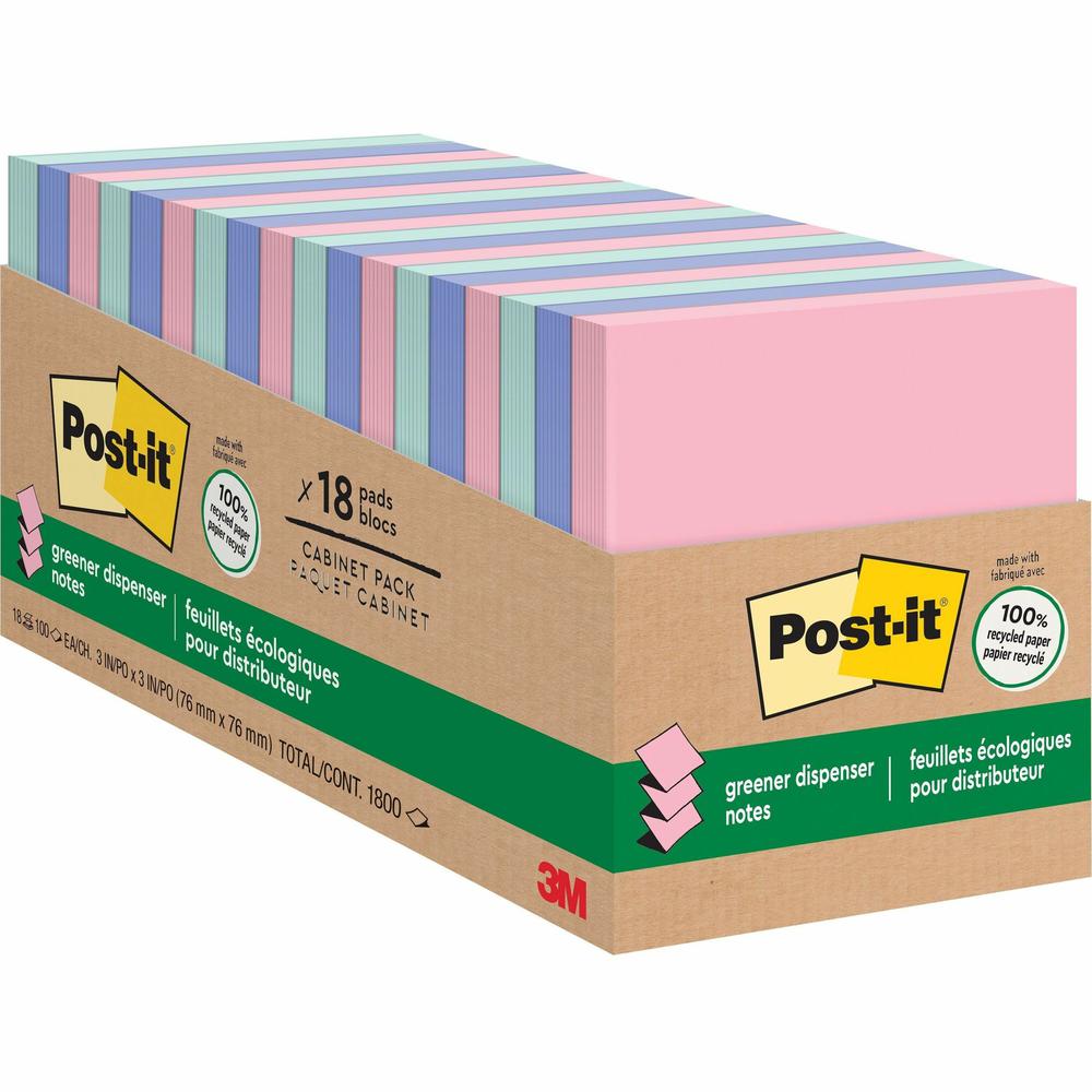 Post-it&reg; Greener Dispenser Notes - 3" x 3" - Square - 100 Sheets per Pad - Positively Pink, Fresh Mint, Moonstone - Paper - Self-stick, Removable, Recyclable, Pop-up, Residue-free, Eco-friendly - . Picture 1