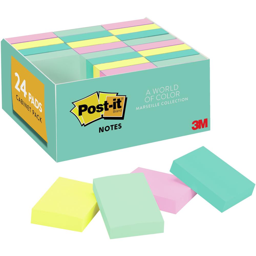 Post-it&reg; Greener Notes Value Pack - Beachside Cafe Color Collection - 1 1/2" x 2" - Rectangle - Positively Pink, Canary Yellow, Fresh Mint, Moonstone - Paper - Self-stick, Removable, Recyclable, R. Picture 1