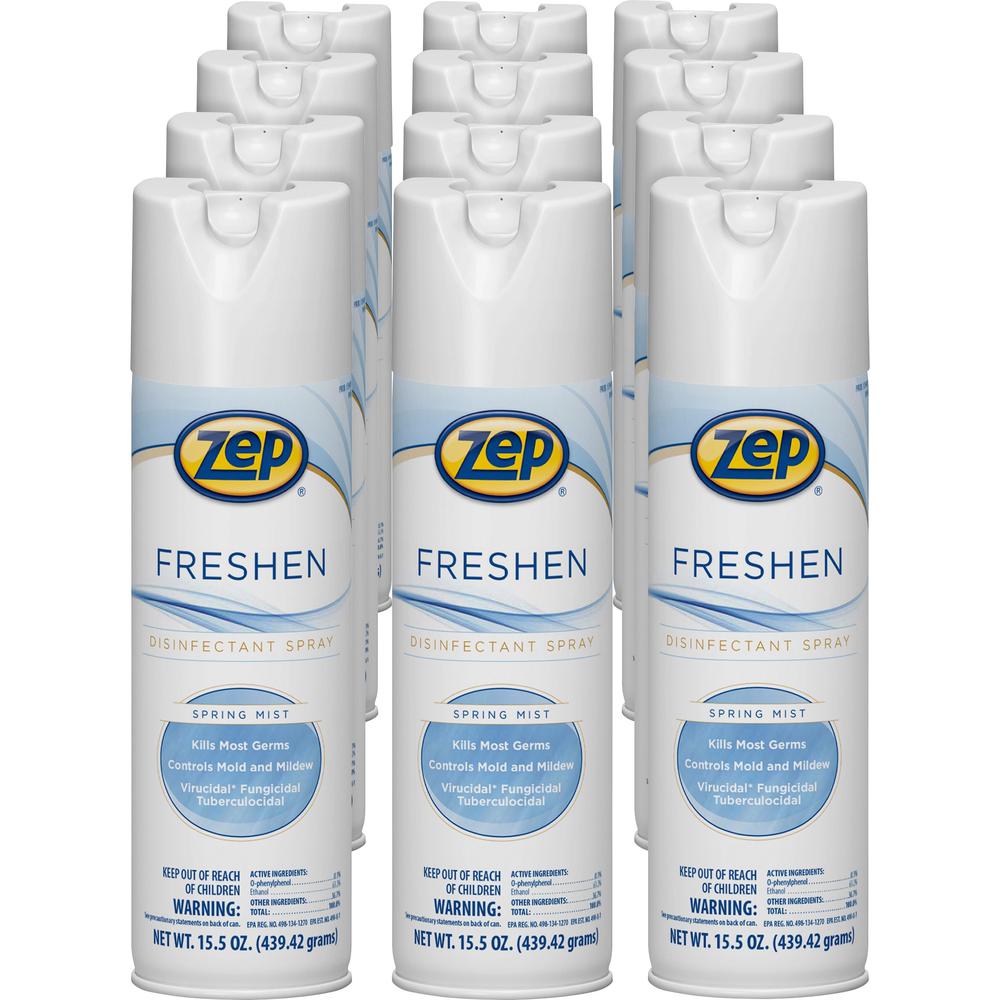 Zep Freshen Disinfectant Spray - 15.5 fl oz (0.5 quart) - Spring Mist Scent - 12 / Carton - Non-porous, Virucidal, Tuberculocide, Fungicide - Clear. Picture 1