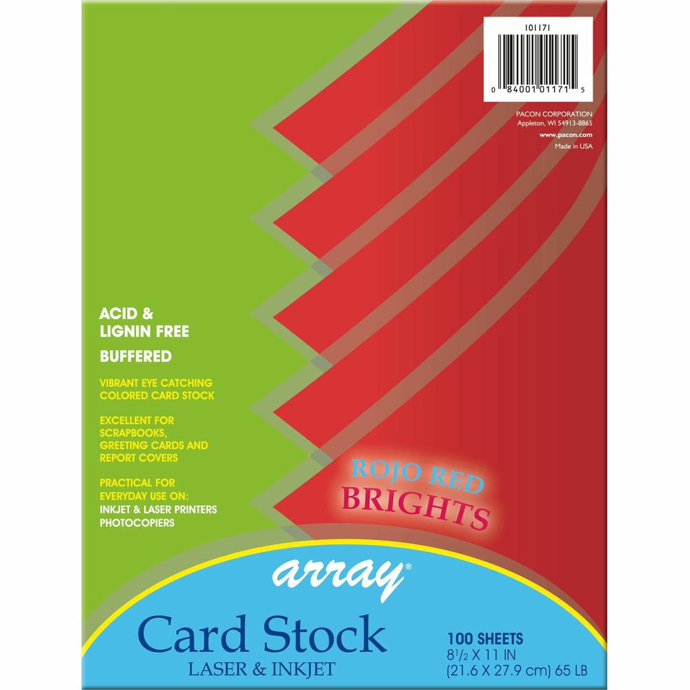 Pacon Color Brights Cardstock - Rojo Red - Letter - 8 1/2" x 11" - 65 lb Basis Weight - 100 / Pack - Acid-free, Recyclable, Lignin-free, Buffered - Rojo Red. Picture 1