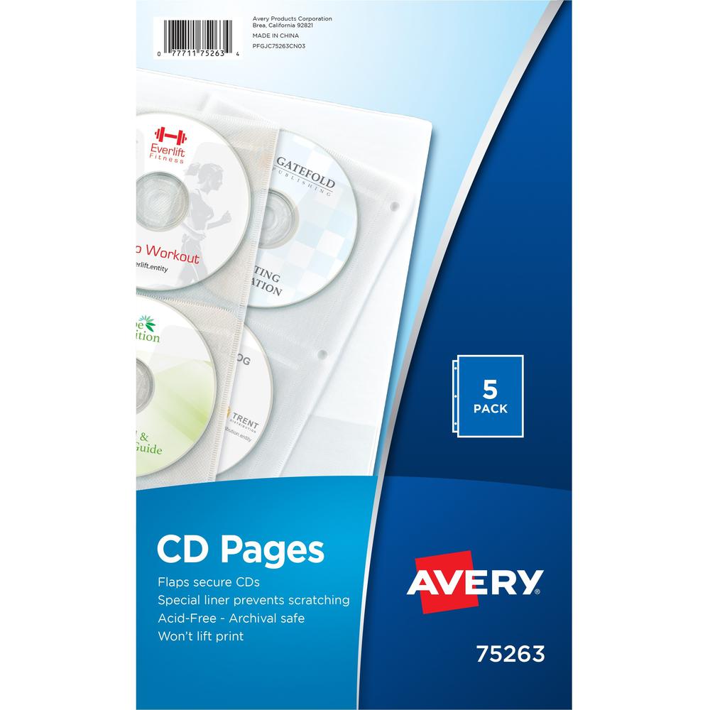 Avery&reg; CD Pages - 4 x CD/DVD Capacity - 3 x Holes - Ring Binder - Top Loading - Clear - Polypropylene - 5 / Pack. Picture 1