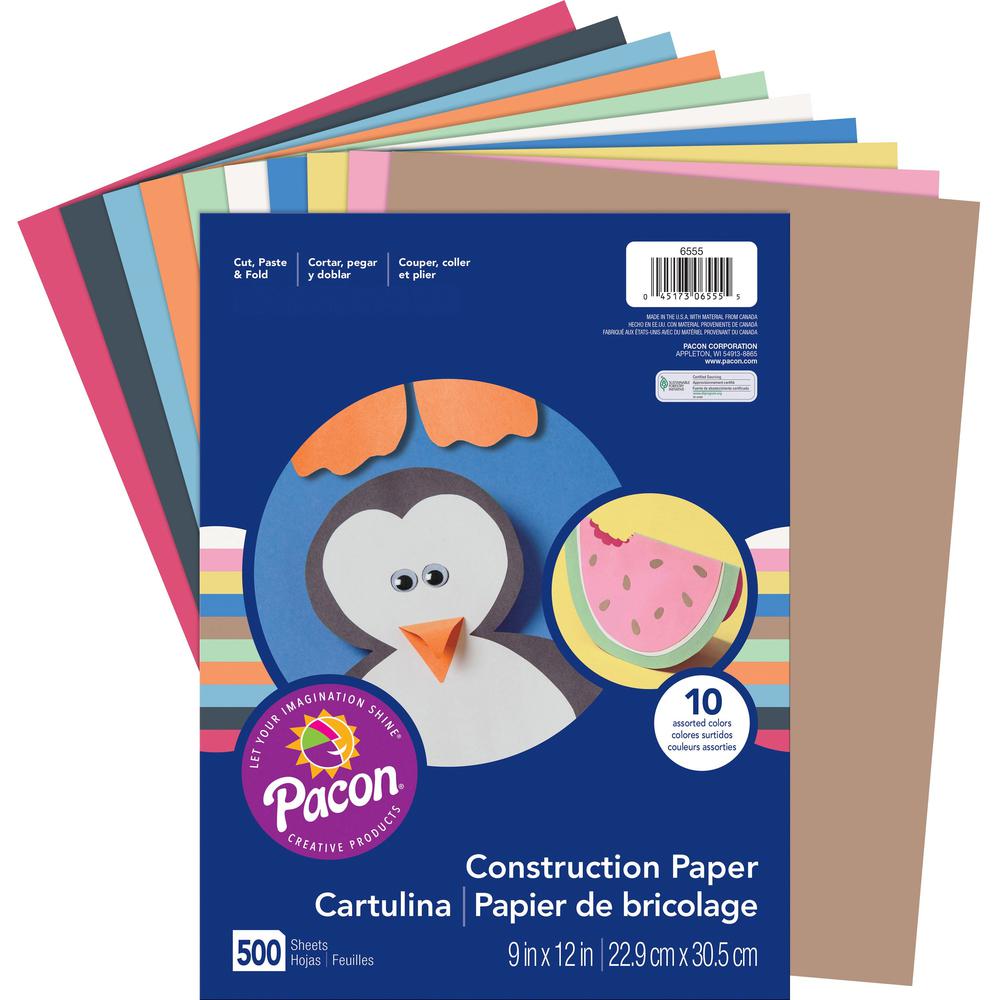 Prang Construction Paper - Art Project, Craft Project, Fun and Learning, Cutting, Pasting - 9"Width x 12"Length - 45 lb Basis Weight - 500 / Pack - Assorted. Picture 1