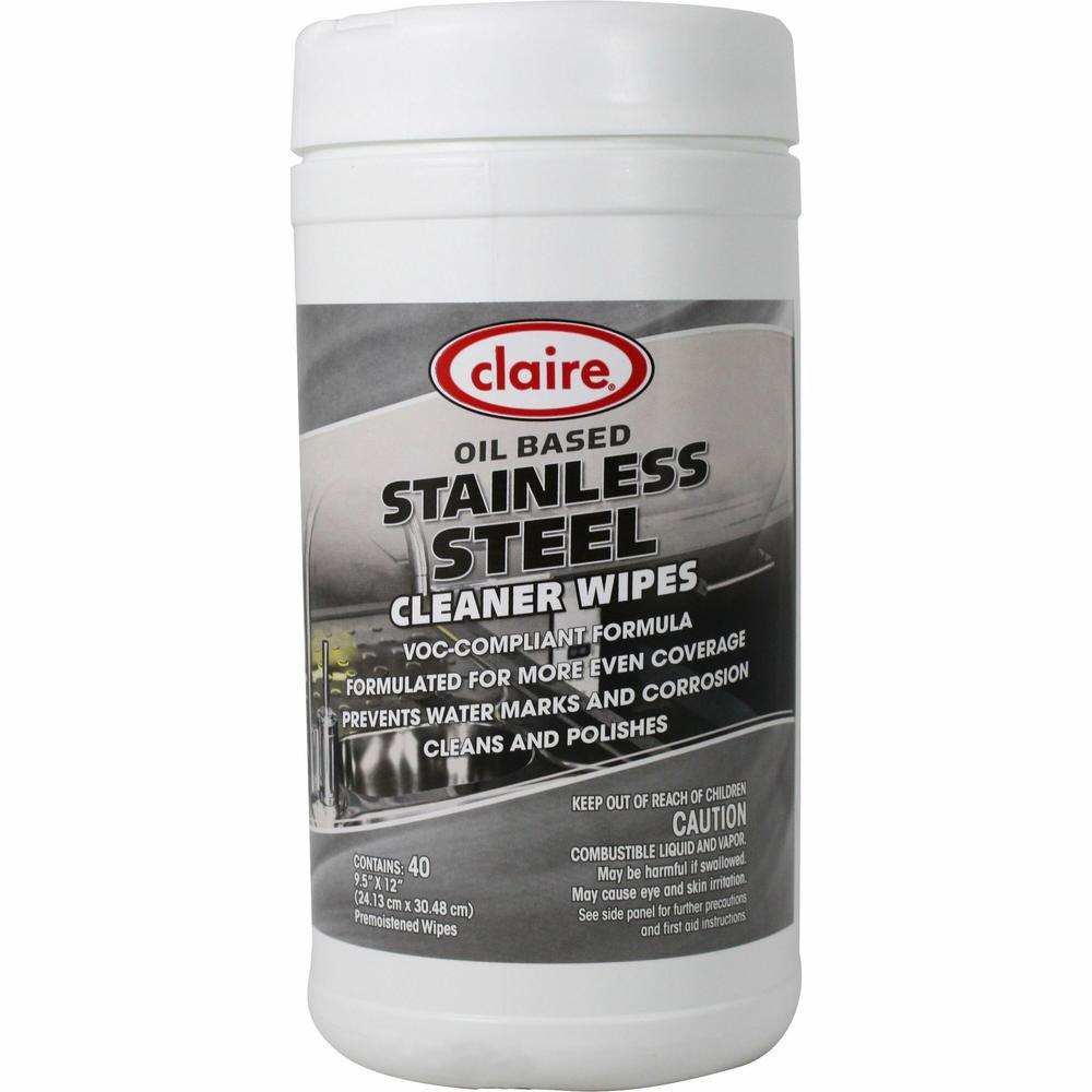 Claire Stainless Steel Wipe - Ready-To-Use - Citrus Scent - 12" Length x 9.50" Width - 40 / Tub - Pre-moistened - Purple. Picture 1
