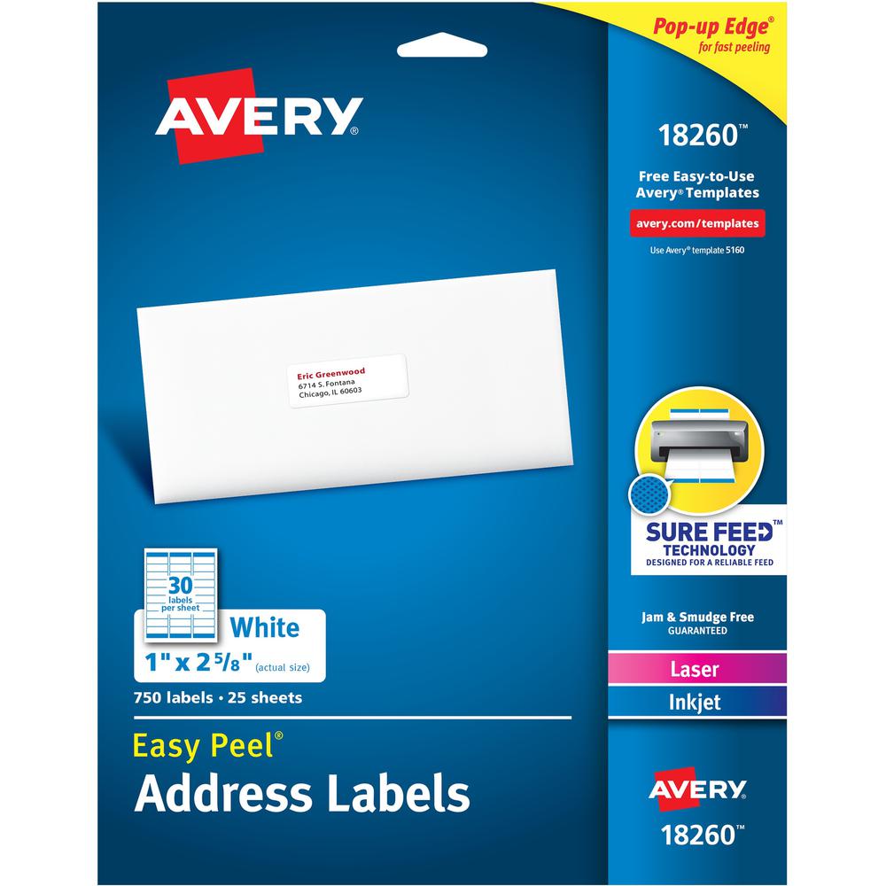 Avery&reg; Easy Peal Sure Feed Address Labels - Permanent Adhesive - Rectangle - Laser, Inkjet - White - Paper - 30 / Sheet - 125 Total Sheets - 3750 Total Label(s) - 5 / Carton. Picture 1