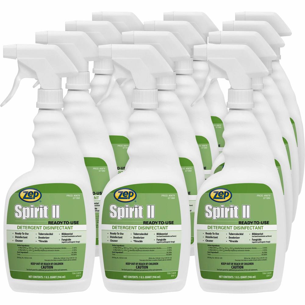 Zep Spirit II Detergent Disinfectant - Ready-To-Use - 32 fl oz (1 quart) - Citrus Scent - 12 / Carton - Deodorant - Clear. Picture 1