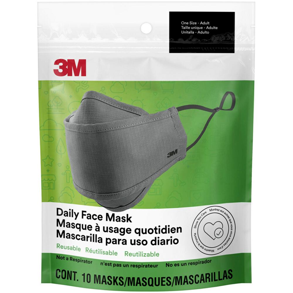 3M Daily Face Masks - Recommended for: Face, Indoor, Outdoor, Office, Transportation - Cotton, Fabric - Gray - Lightweight, Breathable, Adjustable, Elastic Loop, Nose Clip, Comfortable, Washable - 10 . Picture 1