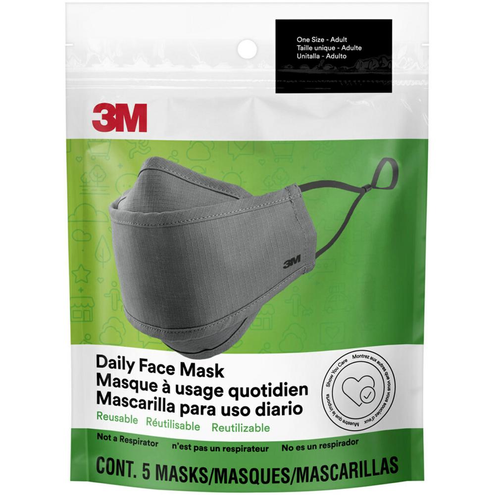 3M Daily Face Masks - Recommended for: Face, Indoor, Outdoor, Office, Transportation - Cotton, Fabric - Gray - Lightweight, Breathable, Adjustable, Elastic Loop, Nose Clip, Comfortable, Washable - 5 /. Picture 1