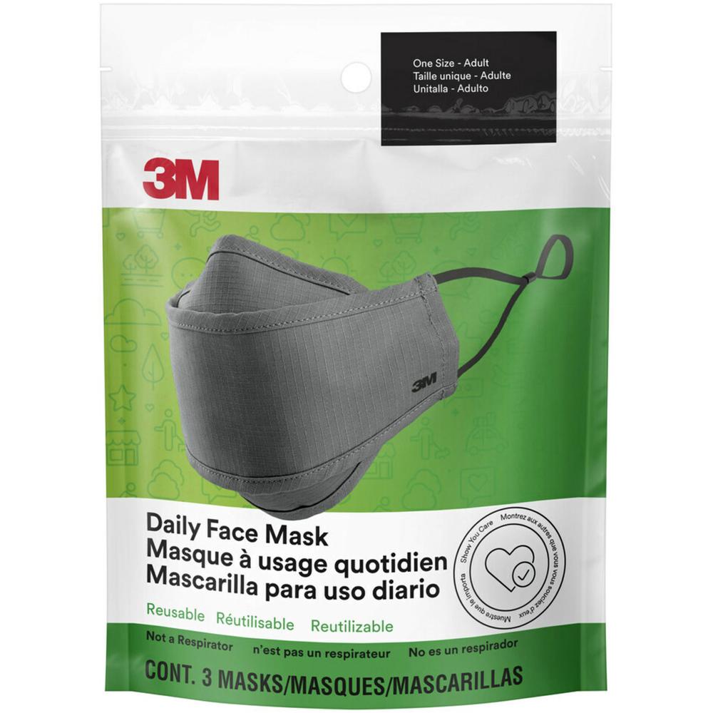 3M Daily Face Masks - Recommended for: Face, Indoor, Outdoor, Office, Transportation - Cotton, Fabric - Gray - Lightweight, Breathable, Adjustable, Elastic Loop, Nose Clip, Comfortable, Washable - 3 /. Picture 1