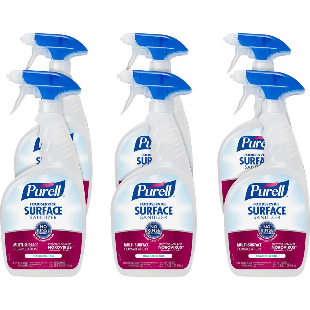 PURELL&reg; Foodservice Surface Sanitizer - 32 fl oz (1 quart)Spray Bottle - 6 / Carton - Rinse-free, Fragrance-free - Clear. Picture 1