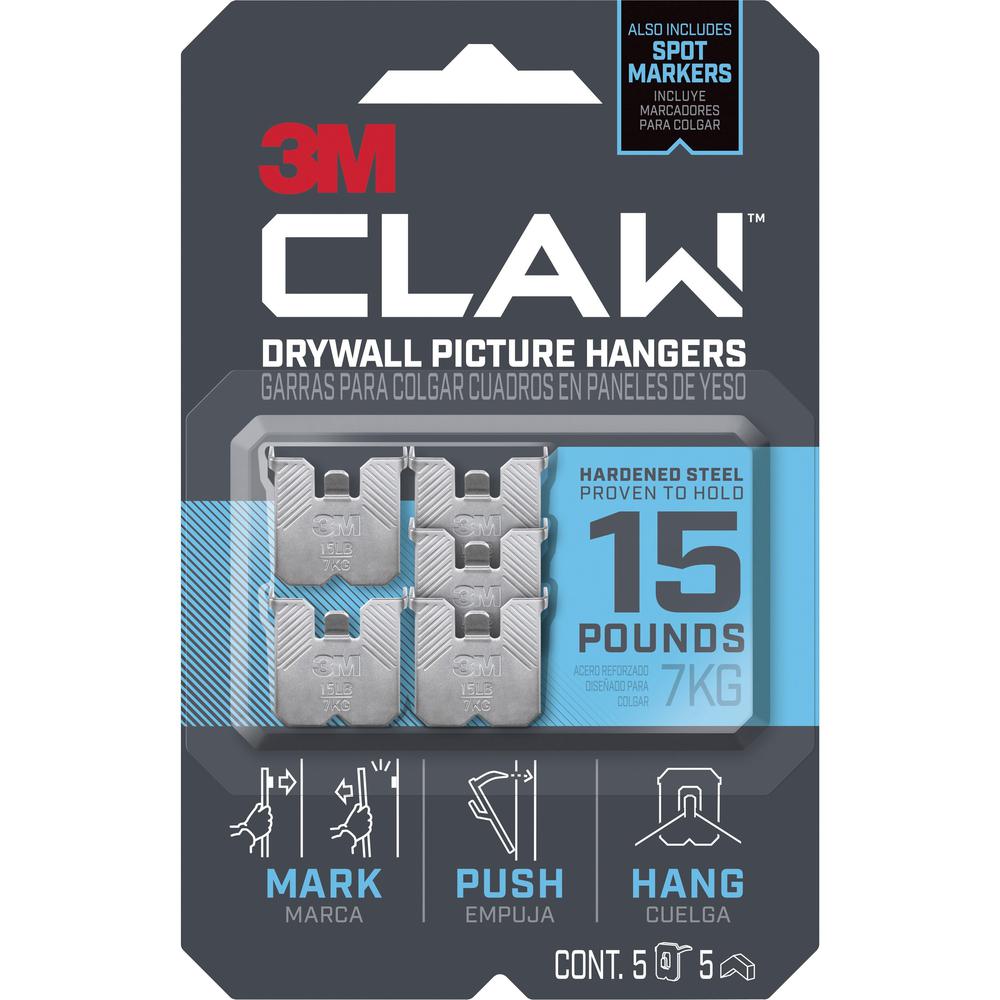 3M CLAW Drywall Picture Hanger - 15 lb (6.80 kg) Capacity - for Pictures, Mirror, Decoration, Art, Home - Gray - 5 Each. Picture 1