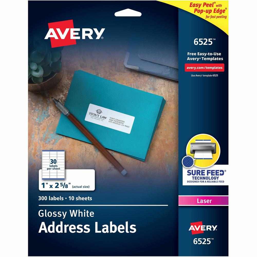 Avery&reg; Easy Peel Glossy Address Labels - 1" Width x 2 5/8" Length - Permanent Adhesive - Rectangle - Laser - White - Paper - 30 / Sheet - 50 Total Sheets - 1500 Total Label(s) - 5 / Carton. Picture 1