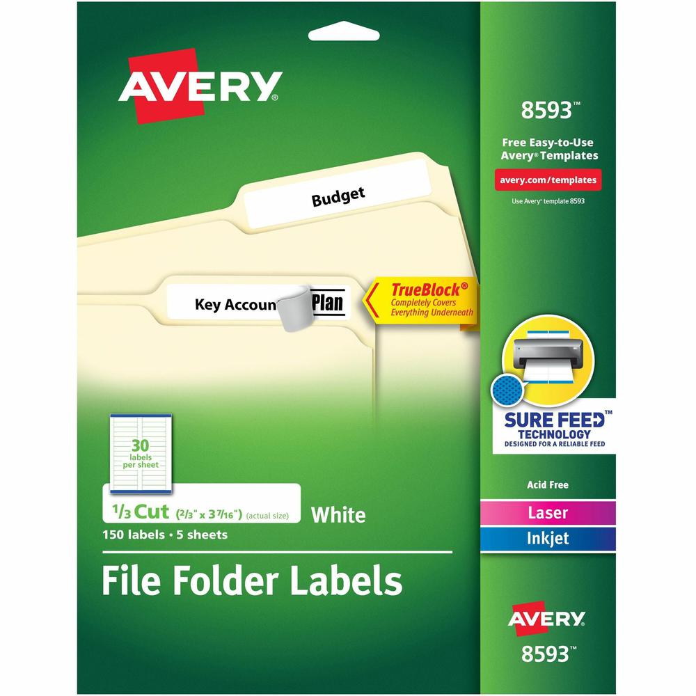 Avery&reg; TrueBlock File Folder Labels - 2/3" Width x 3 7/16" Length - Permanent Adhesive - Rectangle - Laser, Inkjet - White - Paper - 30 / Sheet - 20 Total Sheets - 600 Total Label(s) - 4 / Carton. Picture 1