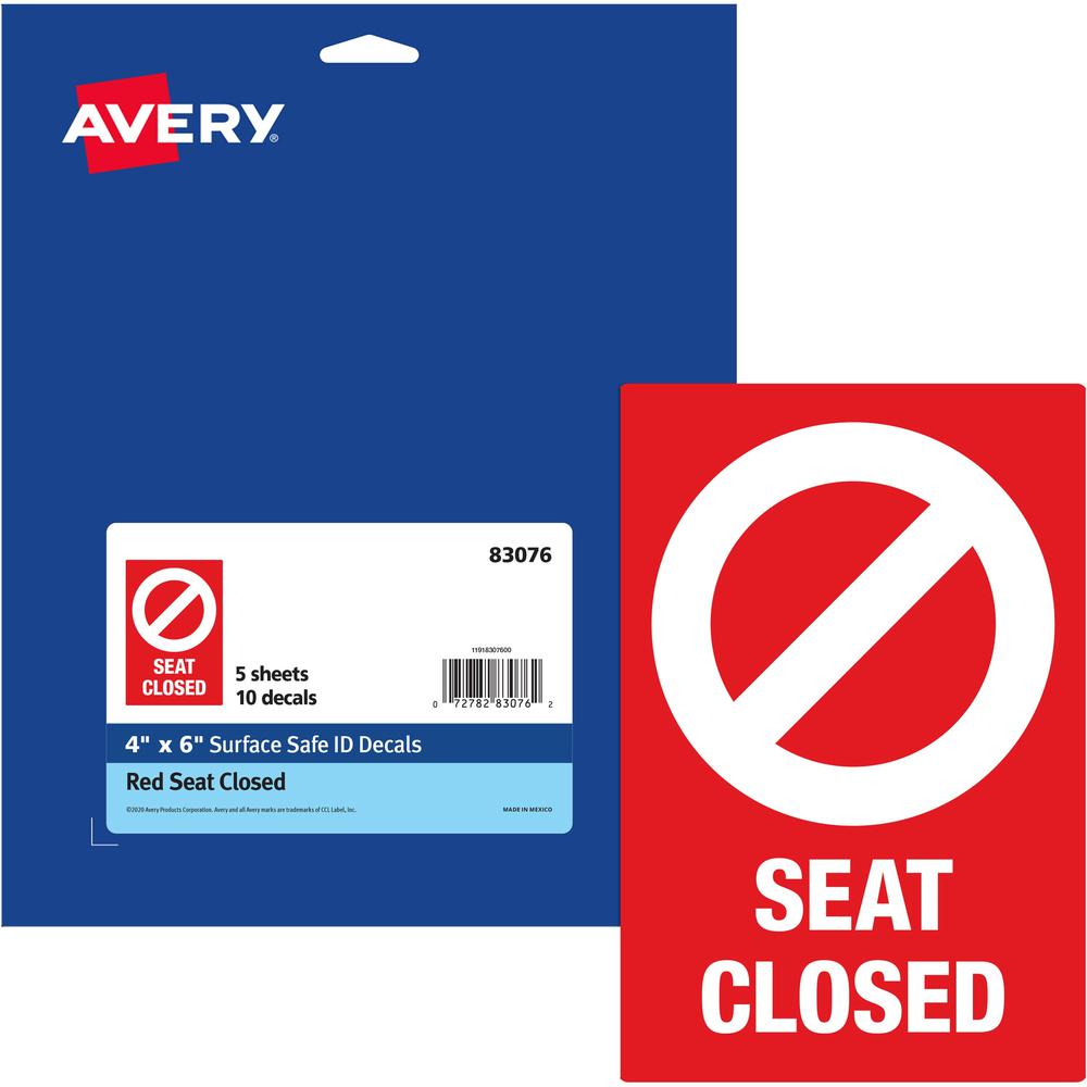 Avery&reg; Surface Safe SEAT CLOSED Chair Decals - 10 / Pack - Seat Closed Print/Message - 4" Width x 6" Height - Rectangular Shape - Water Resistant, Pre-printed, Chemical Resistant, Abrasion Resista. Picture 1