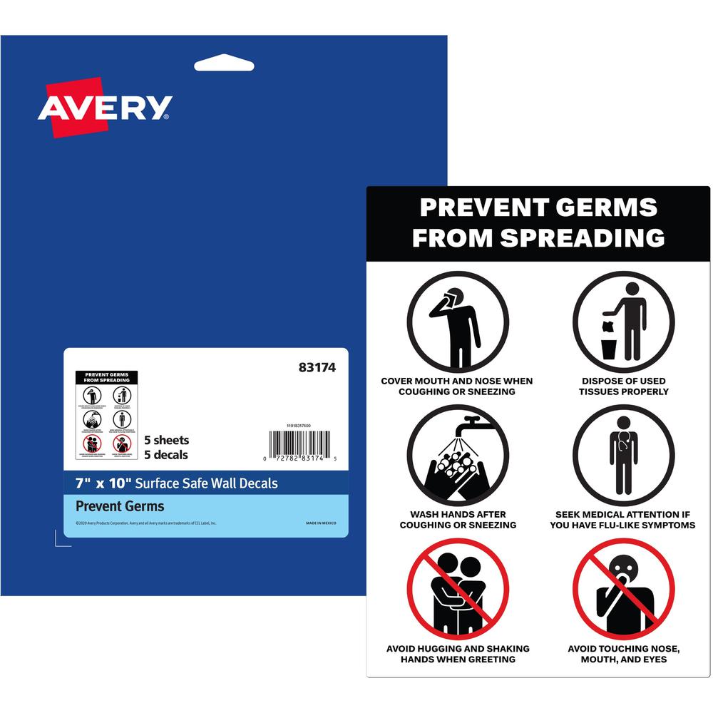 Avery&reg; Surface Safe PREVENT GERMS Wall Decals - 5 / Pack - Prevents Germs from Spreading Print/Message - 7" Width x 10" Height - Rectangular Shape - Water Resistant, Pre-printed, Chemical Resistan. The main picture.