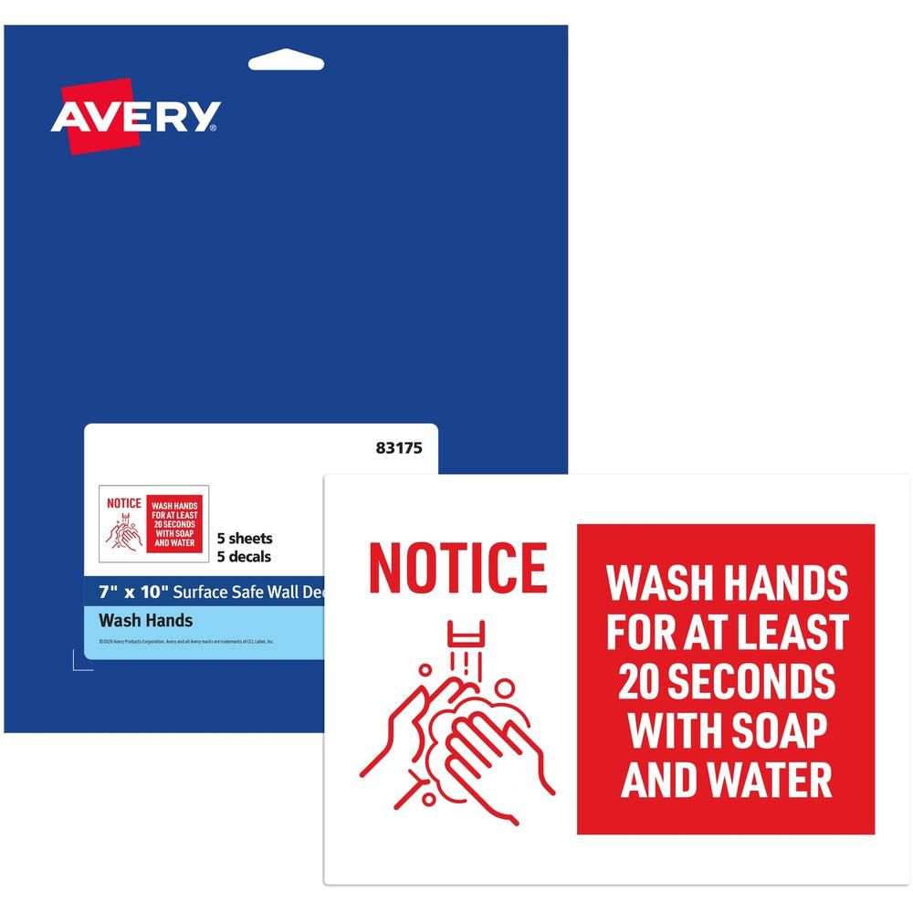 Avery&reg; Surface Safe NOTICE WASH HANDS Wall Decals - 5 / Pack - Wash Hands for at Least 20 Seconds Print/Message - 7" Width x 10" Height - Rectangular Shape - Water Resistant, Pre-printed, Chemical. Picture 1