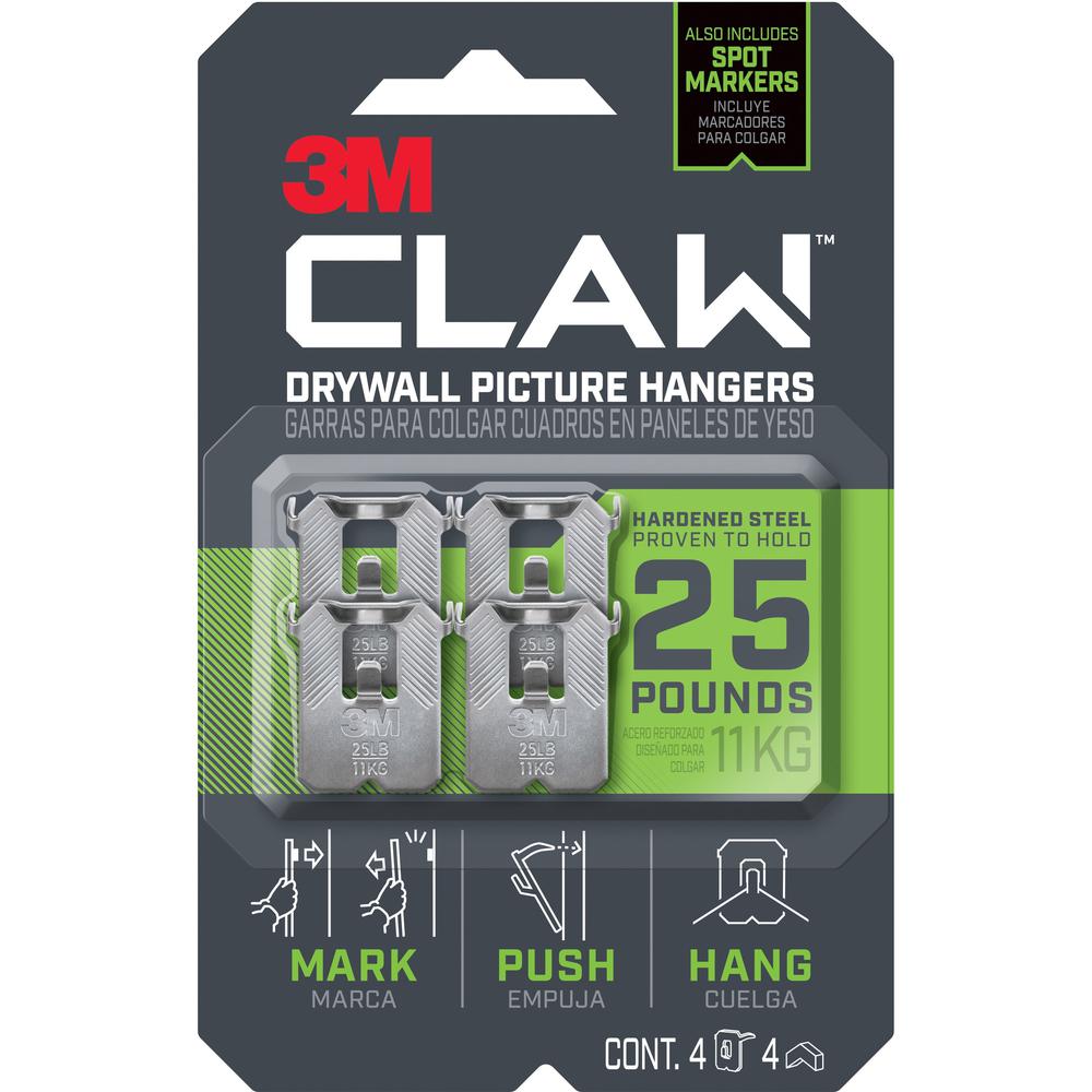 3M CLAW Drywall Picture Hanger - 25 lb (11.34 kg) Capacity - for Pictures, Project, Mirror, Frame, Art, Home, Decoration - Steel - Gray - 4 / Pack. Picture 1