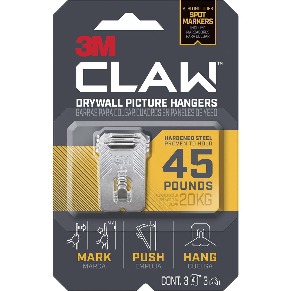 3M CLAW Drywall Picture Hanger - 45 lb (20.41 kg) Capacity - for Pictures, Project, Mirror, Frame, Art, Home, Decoration - Steel - Gray - 3 / Pack. Picture 1