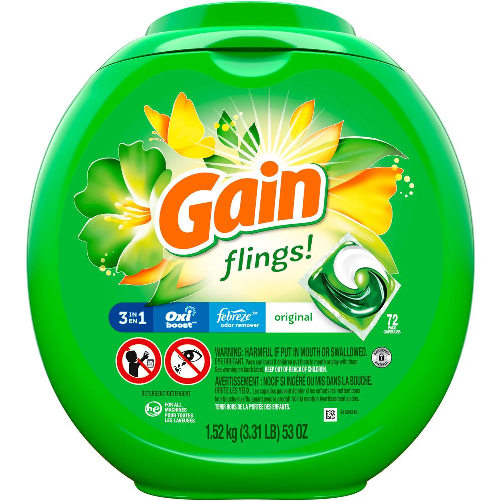 Gain Flings Detergent Pacs - Liquid - Gain Scent - 72 / Canister - 1 Each - Clear. The main picture.