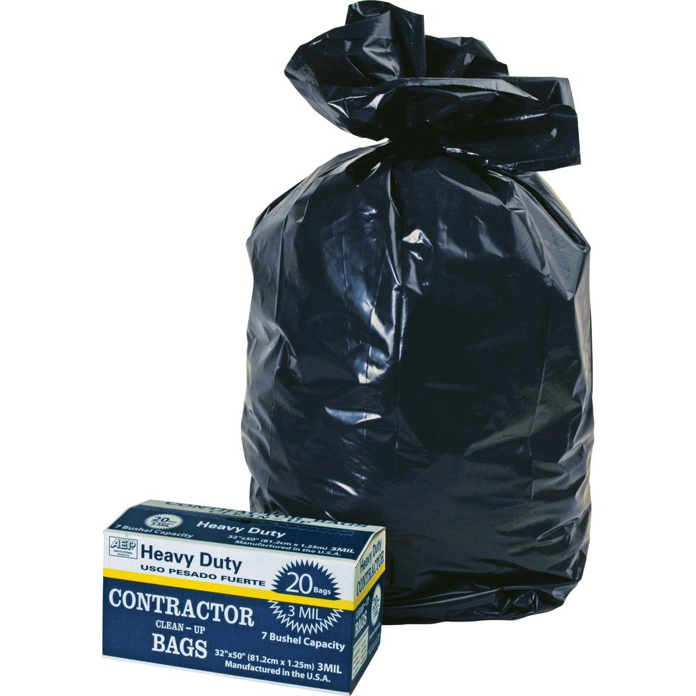 Berry Heavy Duty Contractor Bags - 32" Width x 50" Length - 3 mil (76 Micron) Thickness - Black - 20/Carton - Waste Disposal. Picture 1