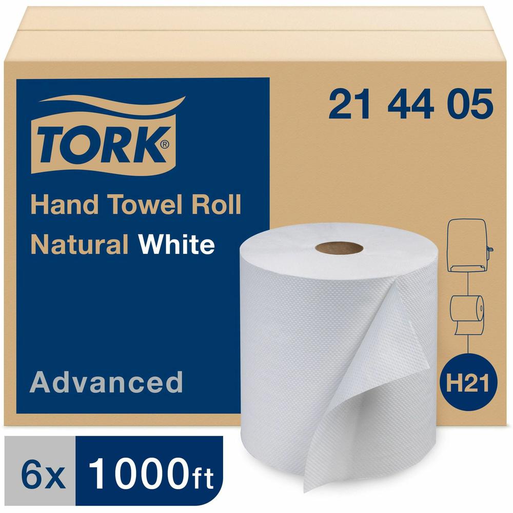 Tork Hand Towel Roll, White, Advanced, H21, Disposable, High Capacity, 1-Ply, 6 Rolls x 1000 - 214405 - Tork Hand Towel Roll, White, Advanced, H21, Disposable, High Capacity, 1-Ply, 6 Rolls x 1000, 21. Picture 1