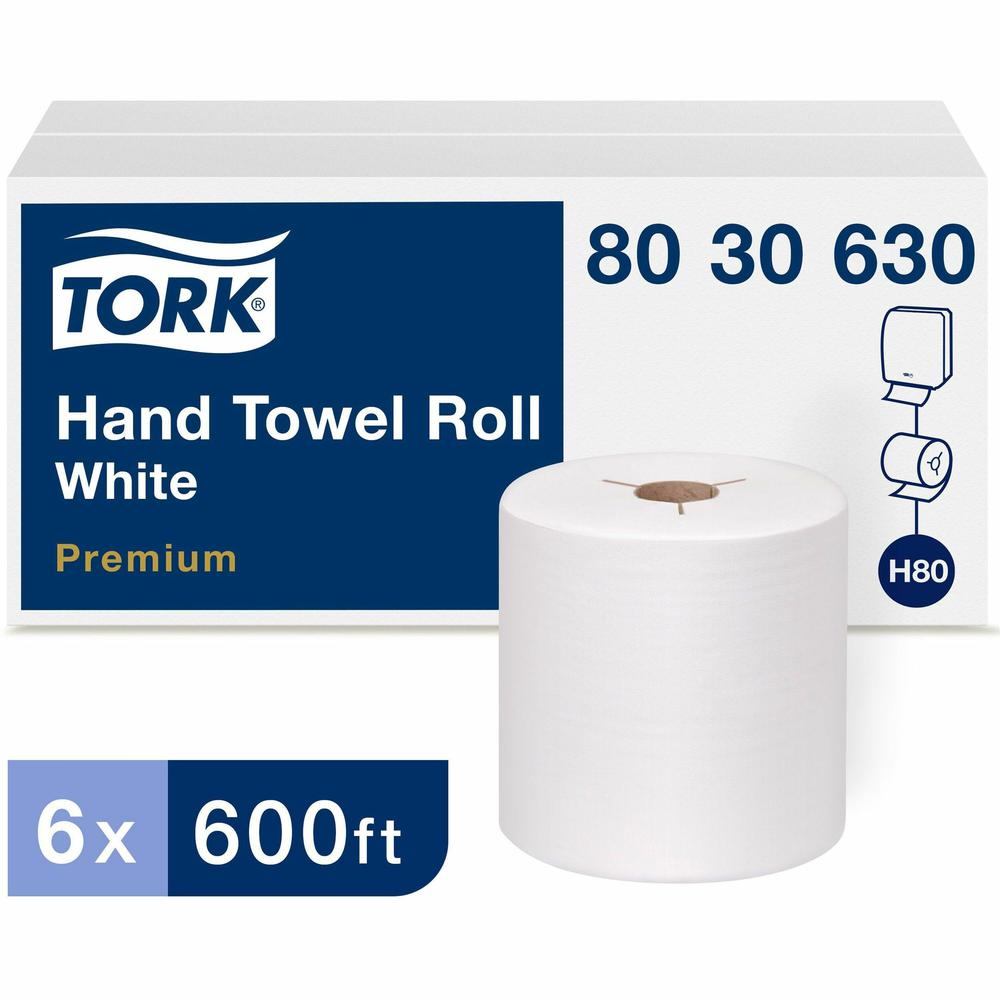 TORK Premium Hand Towel Roll - 1 Ply - 720 Sheets/Roll - 7.80" Roll Diameter - White - Cleaning, Hygienic, Reinforced, Strong, Absorbent, Embossed - For Hand - 6 Rolls Per Carton - 1 Carton. Picture 1