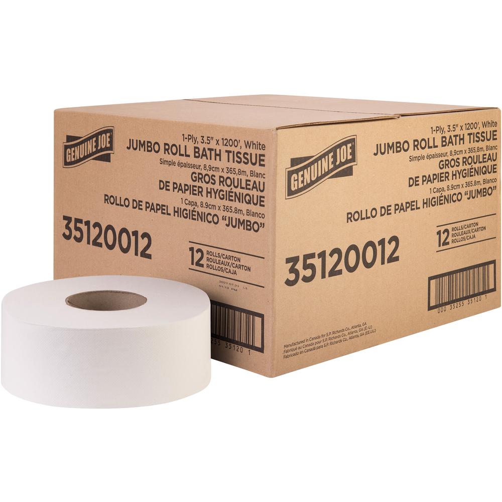 Genuine Joe 1-ply Jumbo Roll Bath Tissue - 1 Ply - 3.63" x 1200 ft - 8.88" Roll Diameter - White - Fiber - 12 / Carton. Picture 1