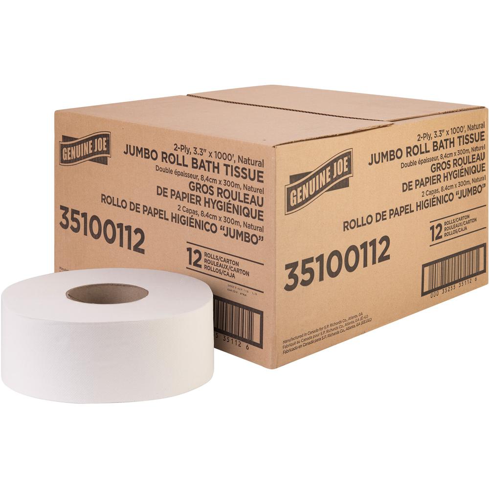 Genuine Joe Jumbo Jr Dispenser Bath Tissue Roll - 2 Ply - 3.30" x 1000 ft - 8.88" Roll Diameter - White - Fiber - 12 / Carton. Picture 1