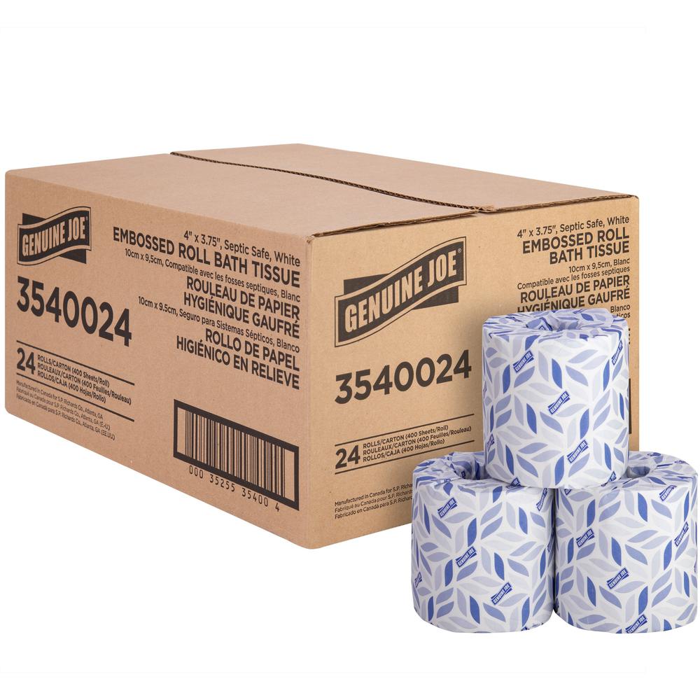 Genuine Joe 2-ply Bath Tissue Rolls - 2 Ply - 4" x 3.75" - 400 Sheets/Roll - White - Perforated, Absorbent, Soft, Sewer-safe, Septic Safe - For Bathroom, Restroom - 24 / Carton. Picture 1