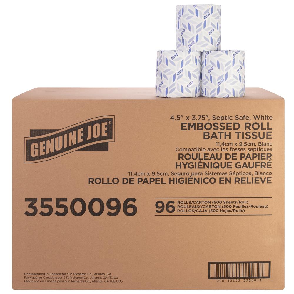 Genuine Joe 2-ply Bath Tissue - 2 Ply - 4.50" x 3.80" - 500 Sheets/Roll - White - Fiber - 96 / Carton. Picture 1