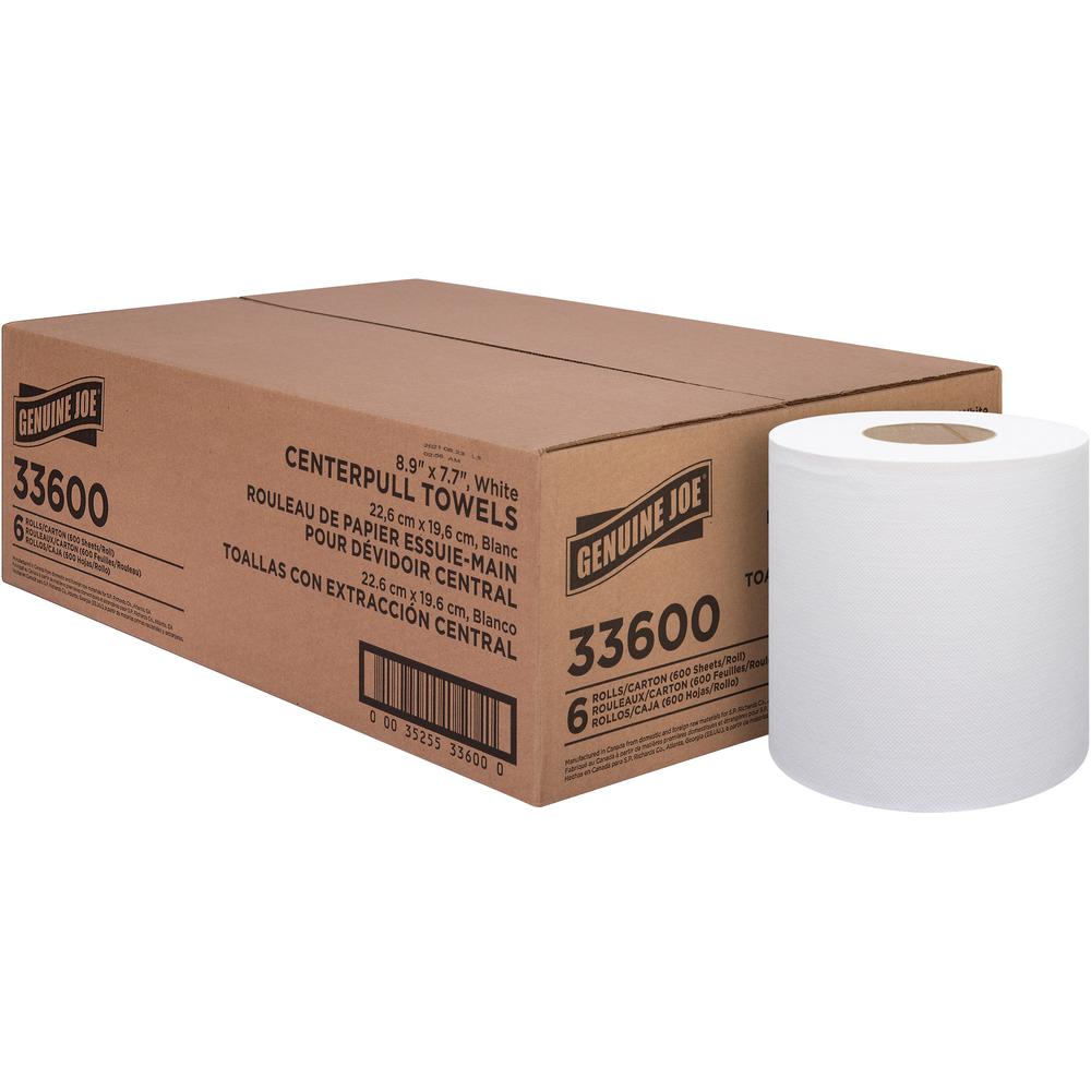 Genuine Joe Centerpull Towel Rolls - 600 Sheets/Roll - White - Virgin Fiber - 6 / Carton. Picture 1
