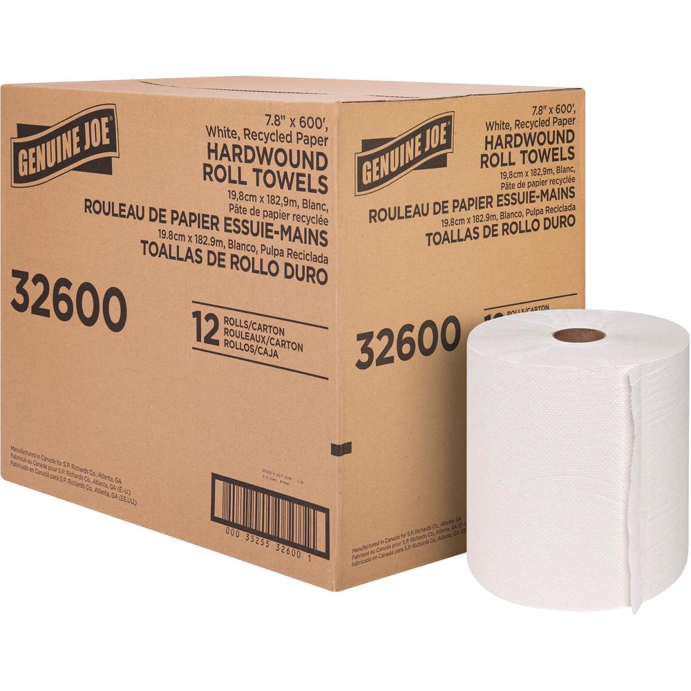 Genuine Joe Hardwound Roll Paper Towels - 7.80" x 600 ft - 2" Core - White - Paper - 12 / Carton. Picture 1